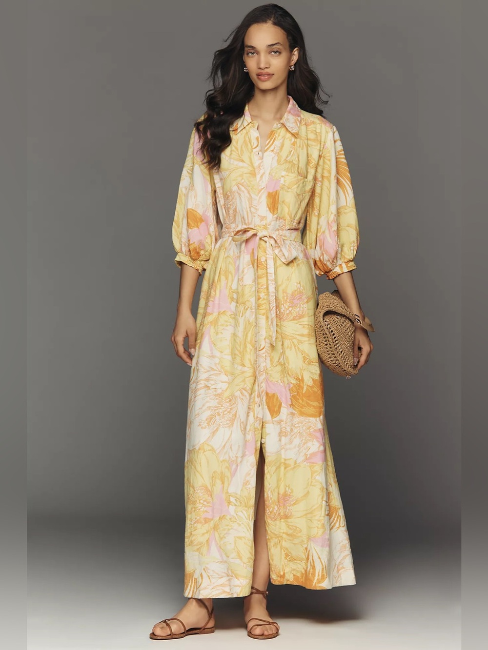 Anthropologie Maeve Mona Linen Maxi Shirtdress pink yellow floral